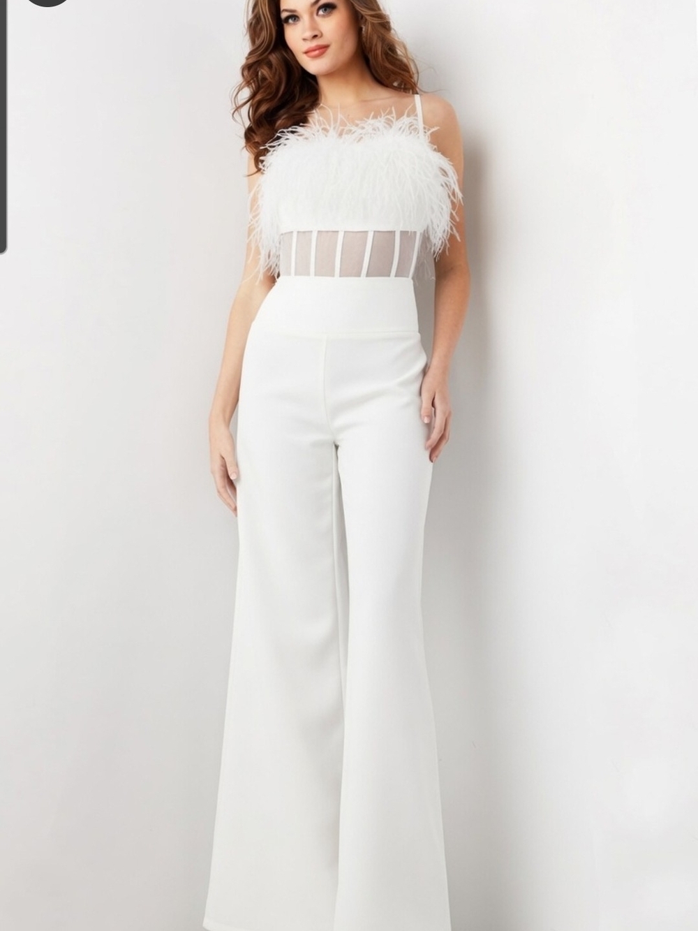 Jovani White Feather-Trim Wide-Leg Jumpsuit